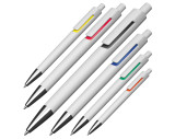 Weißer Kugelschreiber mit farbigen Applikationen